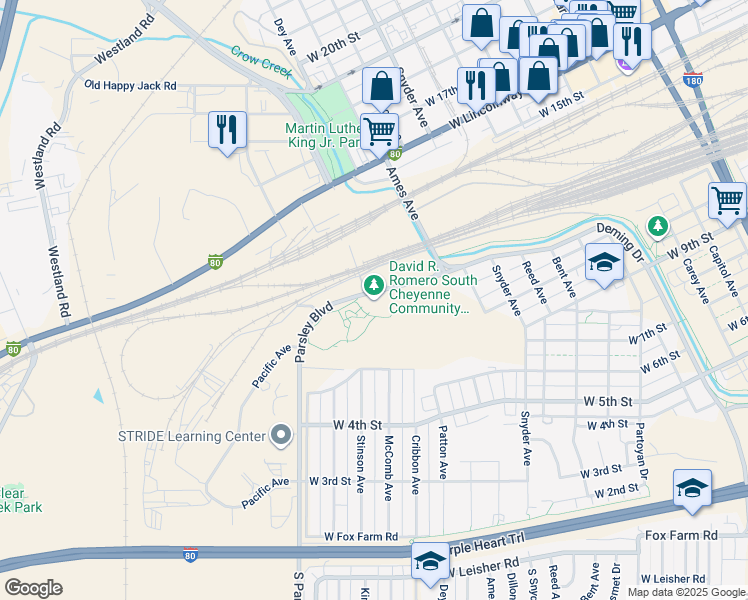 map of restaurants, bars, coffee shops, grocery stores, and more near 1317 Parsley Boulevard in Cheyenne