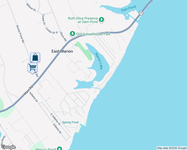 map of restaurants, bars, coffee shops, grocery stores, and more near 160 Lakeview Terrace in East Marion