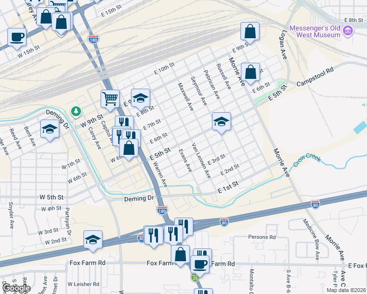 map of restaurants, bars, coffee shops, grocery stores, and more near 408 East 4th Street in Cheyenne