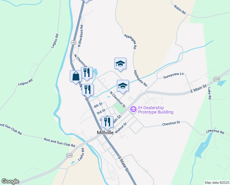 map of restaurants, bars, coffee shops, grocery stores, and more near Batten Lane in Millville