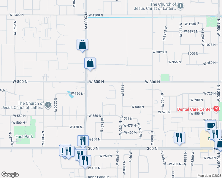 map of restaurants, bars, coffee shops, grocery stores, and more near 1832 West 725 North in West Point
