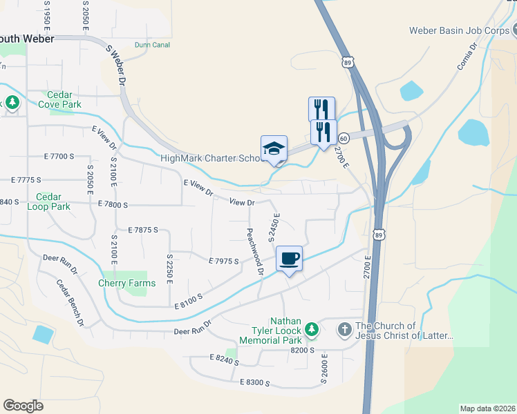 map of restaurants, bars, coffee shops, grocery stores, and more near 2425 East View Drive in South Weber