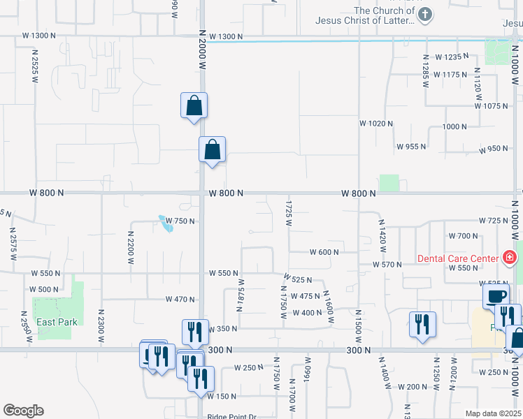 map of restaurants, bars, coffee shops, grocery stores, and more near 1832 West 725 North in West Point