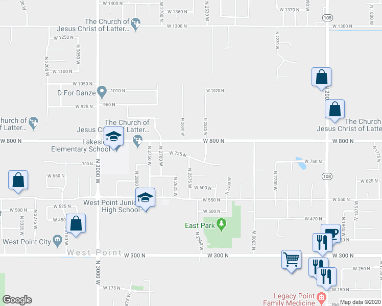 map of restaurants, bars, coffee shops, grocery stores, and more near 799 North 2575 West in West Point