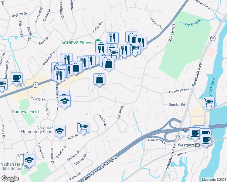 map of restaurants, bars, coffee shops, grocery stores, and more near 3 Country Club Road in Norwalk