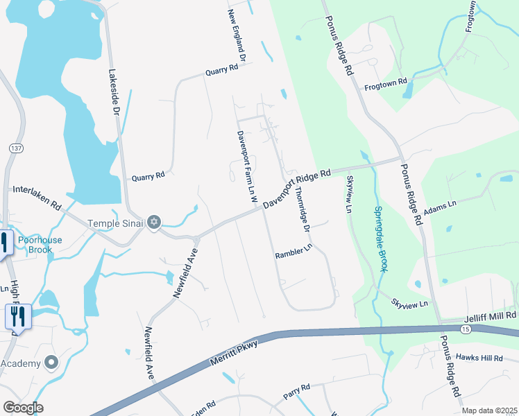 map of restaurants, bars, coffee shops, grocery stores, and more near 96 Davenport Ridge Road in Stamford