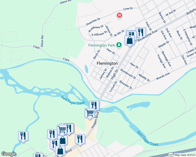 map of restaurants, bars, coffee shops, grocery stores, and more near 605 Huston Street in Lock Haven
