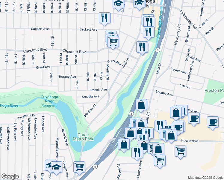 map of restaurants, bars, coffee shops, grocery stores, and more near 1444 Front Street in Cuyahoga Falls