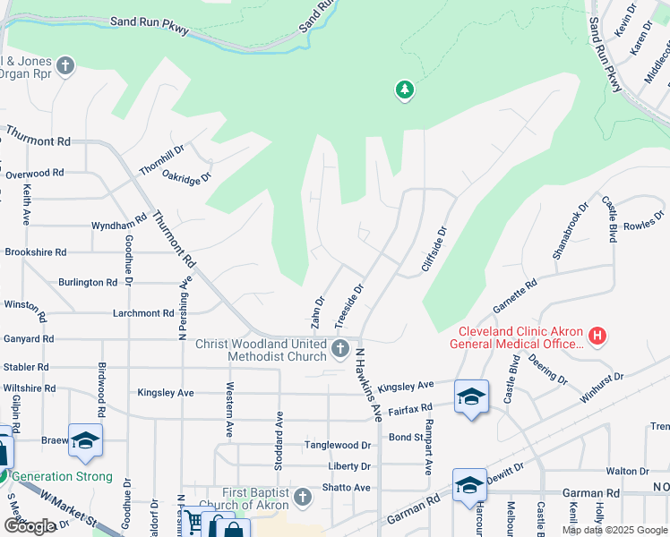 map of restaurants, bars, coffee shops, grocery stores, and more near 511 Zahn Drive in Akron