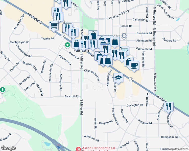 map of restaurants, bars, coffee shops, grocery stores, and more near 2582 Chamberlain Road in Fairlawn