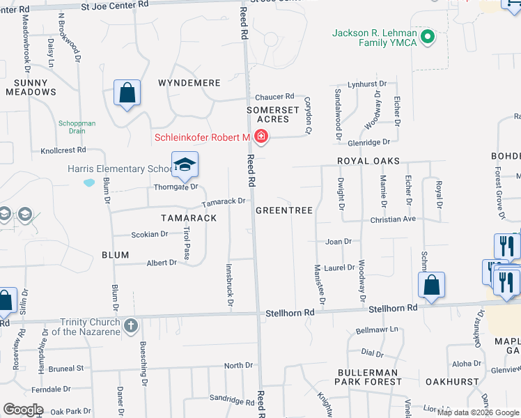 map of restaurants, bars, coffee shops, grocery stores, and more near 4838 Reed Rd in Fort Wayne
