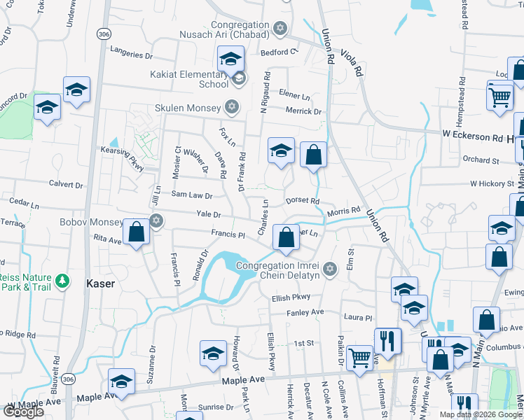 map of restaurants, bars, coffee shops, grocery stores, and more near 33 Morris Road in Spring Valley