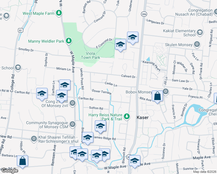 map of restaurants, bars, coffee shops, grocery stores, and more near 26 Dover Terrace in Monsey