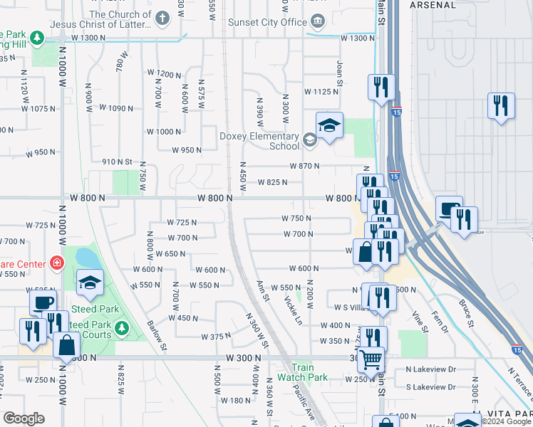 map of restaurants, bars, coffee shops, grocery stores, and more near 297 West 750 North in Clearfield