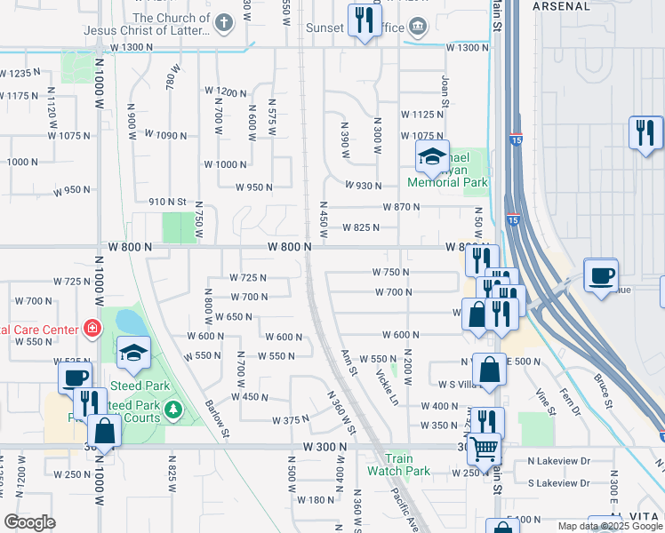 map of restaurants, bars, coffee shops, grocery stores, and more near 341 West 750 North in Clearfield