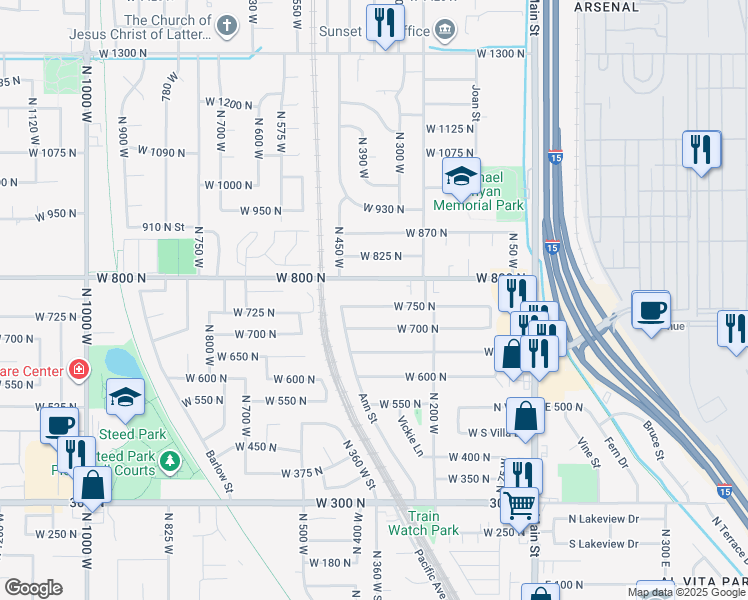 map of restaurants, bars, coffee shops, grocery stores, and more near 297 West 750 North in Clearfield