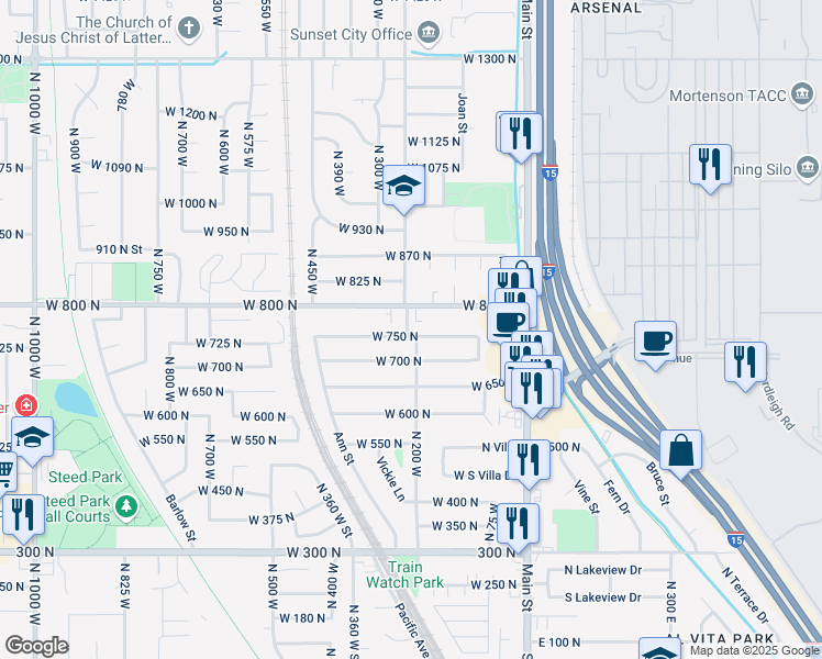 map of restaurants, bars, coffee shops, grocery stores, and more near 769 North 250 West in Clearfield