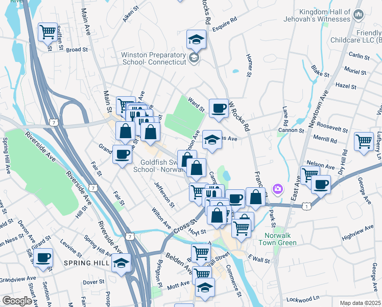 map of restaurants, bars, coffee shops, grocery stores, and more near 8 Union Avenue in Norwalk