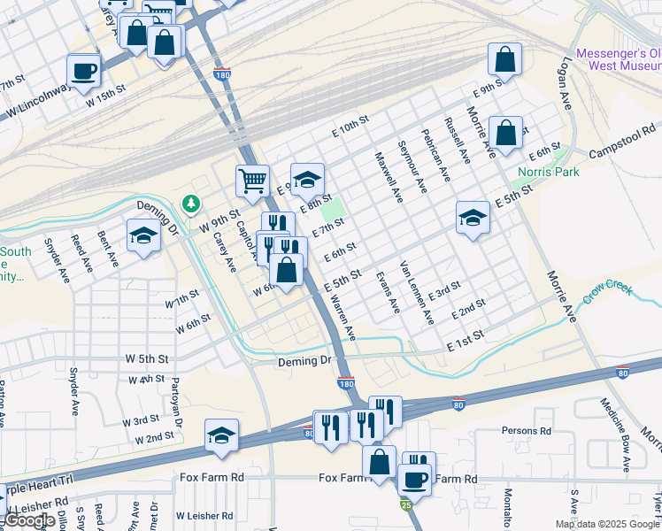 map of restaurants, bars, coffee shops, grocery stores, and more near 211 East 6th Street in Cheyenne