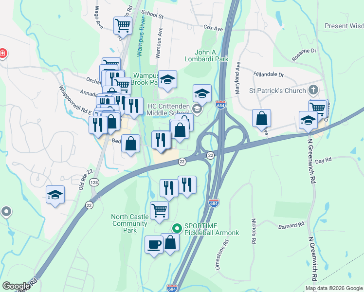 map of restaurants, bars, coffee shops, grocery stores, and more near 150 Bedford Road in Armonk
