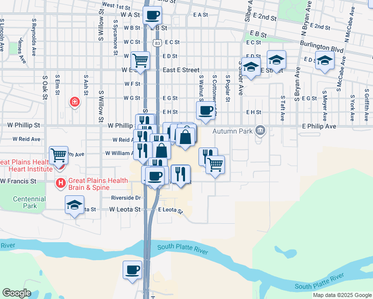 map of restaurants, bars, coffee shops, grocery stores, and more near 319 East Francis Street in North Platte