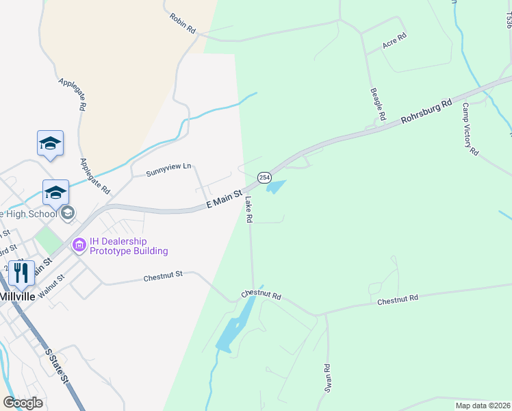 map of restaurants, bars, coffee shops, grocery stores, and more near 56 Lake Rd in Millville