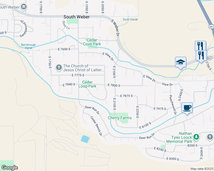 map of restaurants, bars, coffee shops, grocery stores, and more near 5856 South Cedar Loop Drive in South Weber