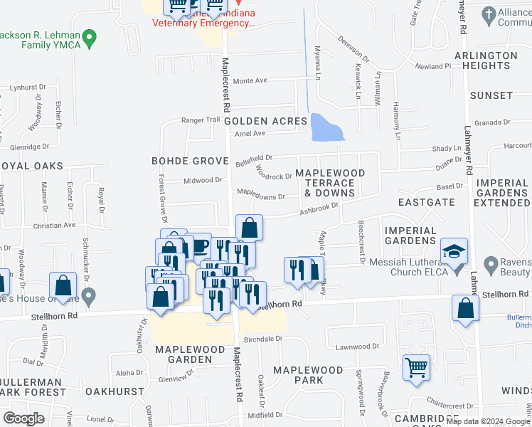 map of restaurants, bars, coffee shops, grocery stores, and more near 6423 Ashbrook Drive in Fort Wayne