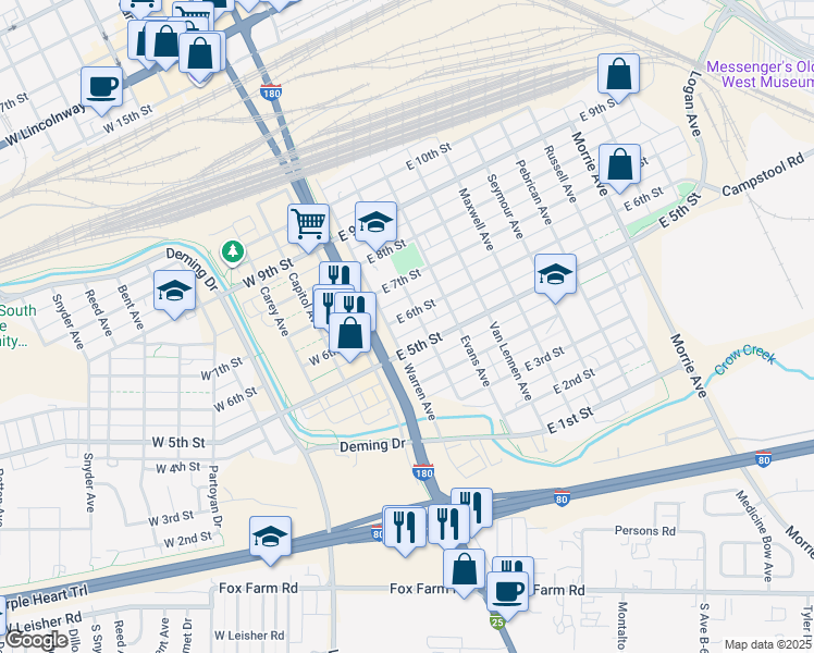 map of restaurants, bars, coffee shops, grocery stores, and more near 200 East 5th Street in Cheyenne
