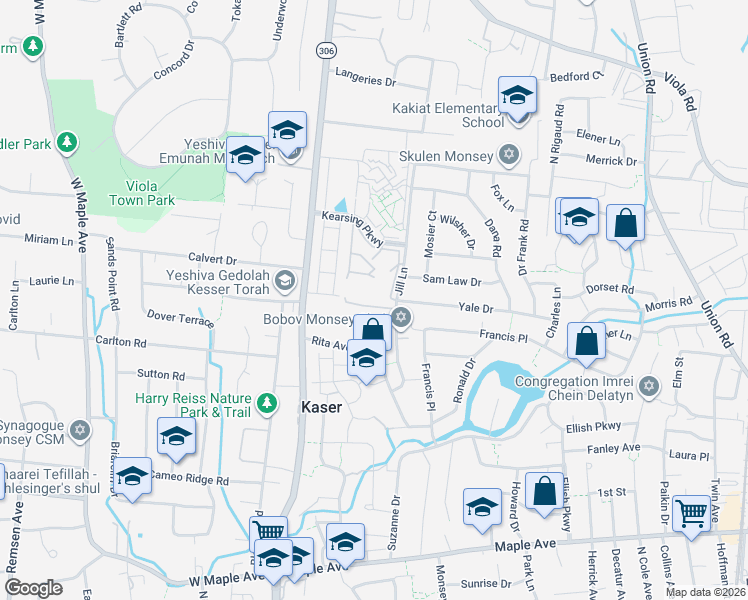 map of restaurants, bars, coffee shops, grocery stores, and more near 16 Ralph Boulevard in Monsey