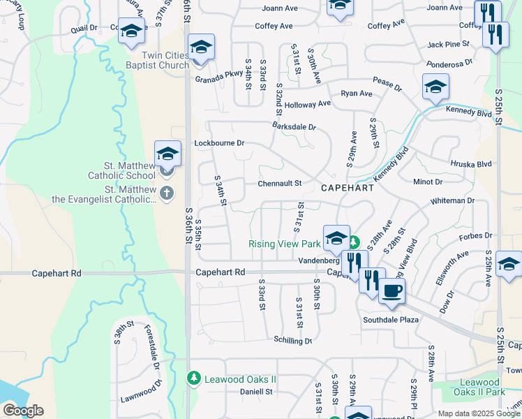 map of restaurants, bars, coffee shops, grocery stores, and more near 2322 South 33rd Street in Bellevue
