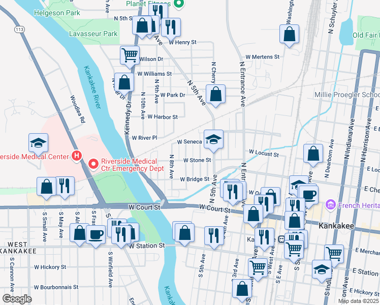 map of restaurants, bars, coffee shops, grocery stores, and more near 293 North 6th Avenue in Kankakee