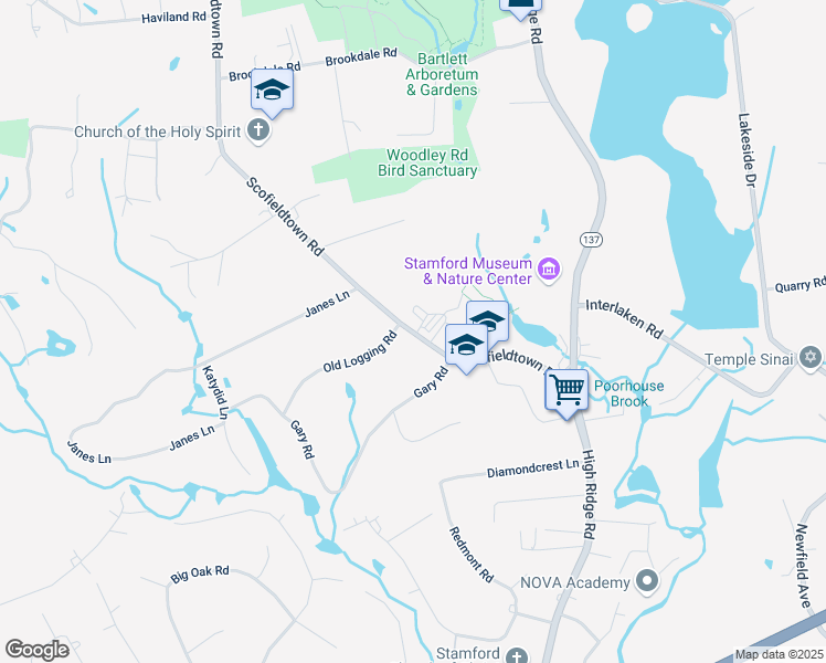 map of restaurants, bars, coffee shops, grocery stores, and more near 283 Scofieldtown Road in Stamford
