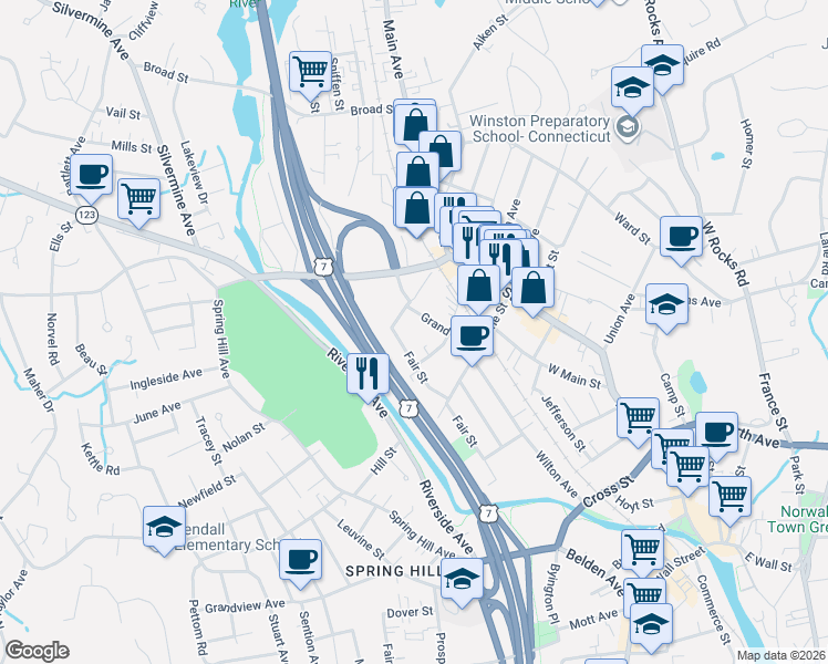 map of restaurants, bars, coffee shops, grocery stores, and more near 56 Fair Street in Norwalk