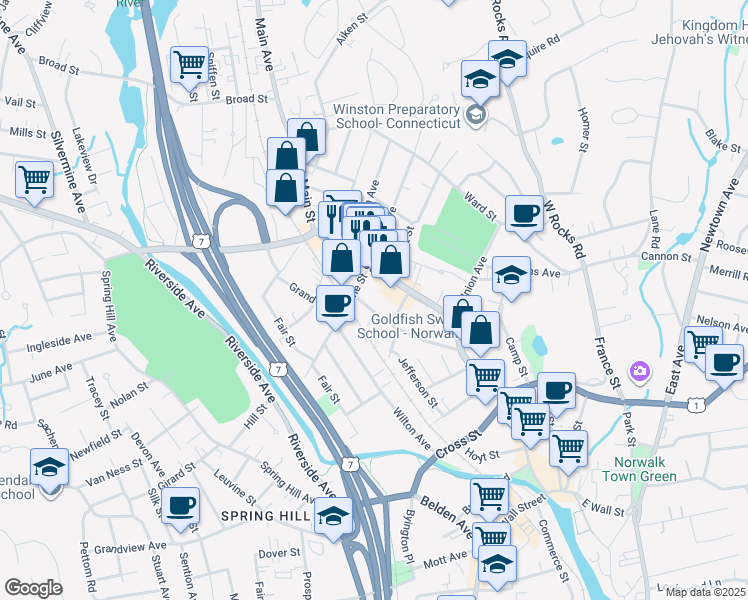 map of restaurants, bars, coffee shops, grocery stores, and more near 25 West Main Street in Norwalk