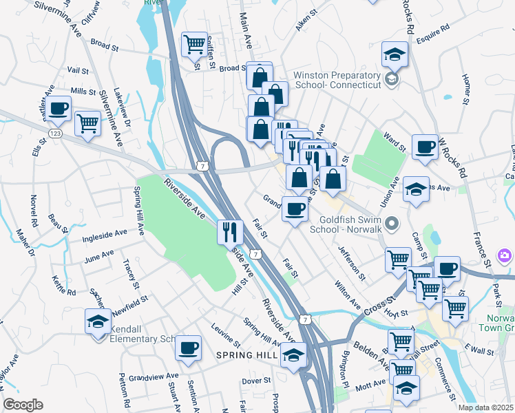 map of restaurants, bars, coffee shops, grocery stores, and more near 56 Fair Street in Norwalk