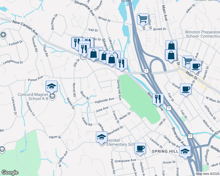map of restaurants, bars, coffee shops, grocery stores, and more near 5 Arlington Street in Norwalk