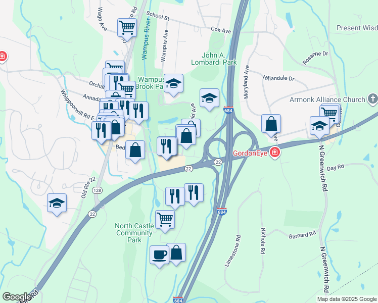 map of restaurants, bars, coffee shops, grocery stores, and more near 145 Bedford Road in Armonk