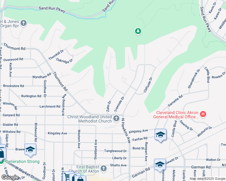 map of restaurants, bars, coffee shops, grocery stores, and more near 511 Zahn Drive in Akron