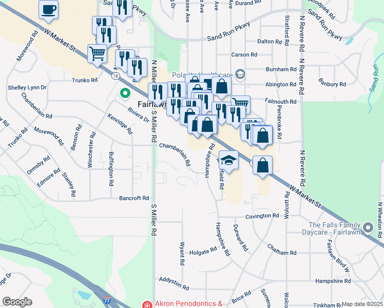 map of restaurants, bars, coffee shops, grocery stores, and more near 667 Hampshire Road in Fairlawn
