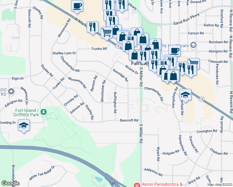 map of restaurants, bars, coffee shops, grocery stores, and more near 210 Buffington Road in Fairlawn