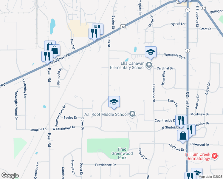 map of restaurants, bars, coffee shops, grocery stores, and more near 618 Cedar Street in Medina
