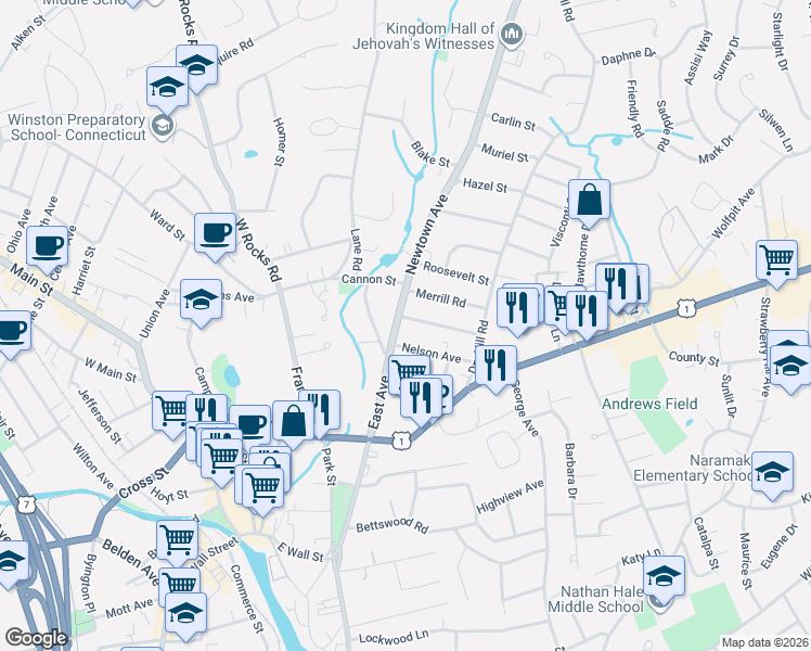 map of restaurants, bars, coffee shops, grocery stores, and more near 27 East Avenue in Norwalk