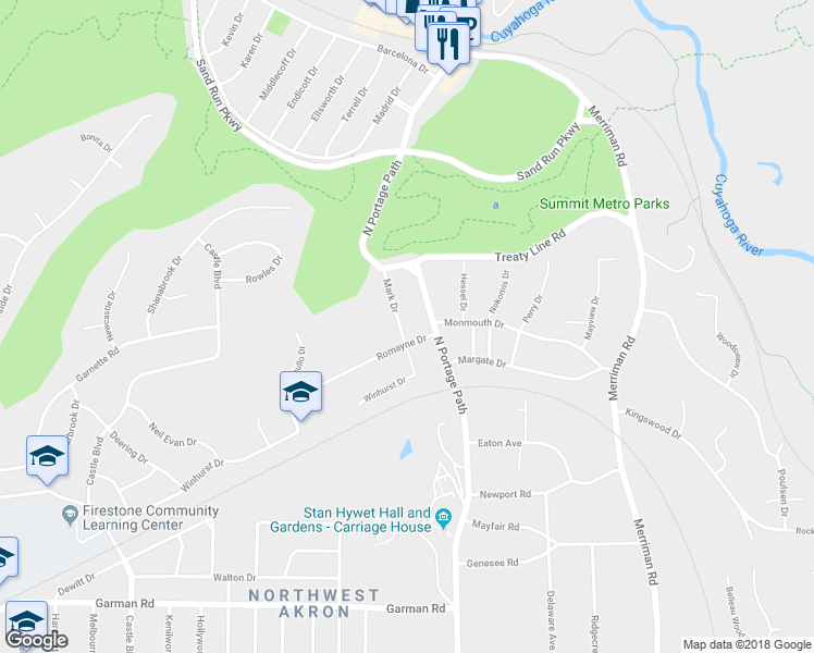 map of restaurants, bars, coffee shops, grocery stores, and more near 853 Mark Drive in Akron