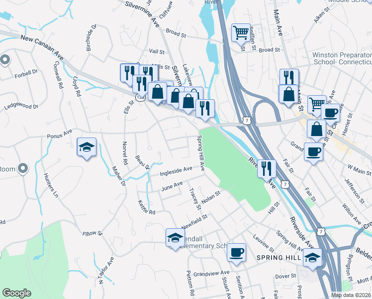 map of restaurants, bars, coffee shops, grocery stores, and more near 5 Arlington Street in Norwalk