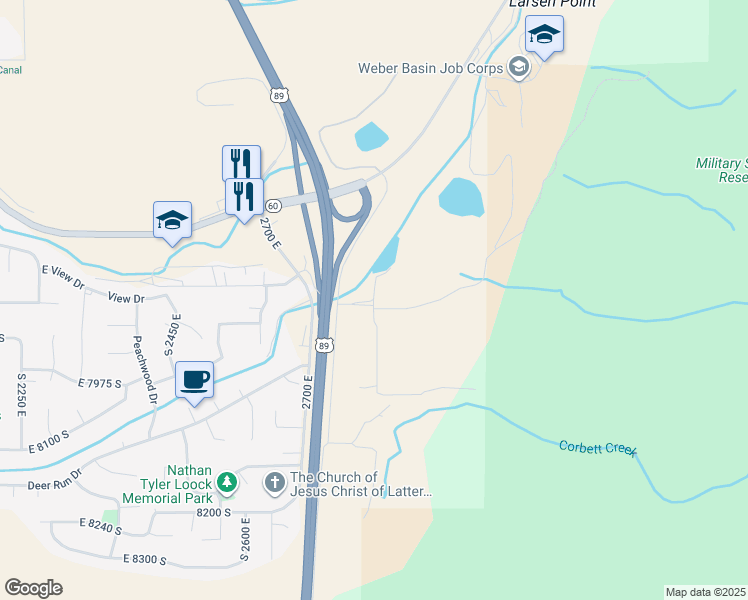 map of restaurants, bars, coffee shops, grocery stores, and more near South Lincoln Lane East in Davis County