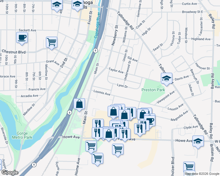 map of restaurants, bars, coffee shops, grocery stores, and more near 1516 Avery Street in Cuyahoga Falls