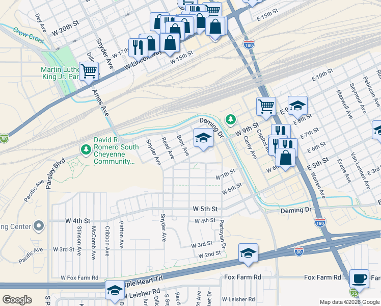 map of restaurants, bars, coffee shops, grocery stores, and more near 610 West 10th Street in Cheyenne