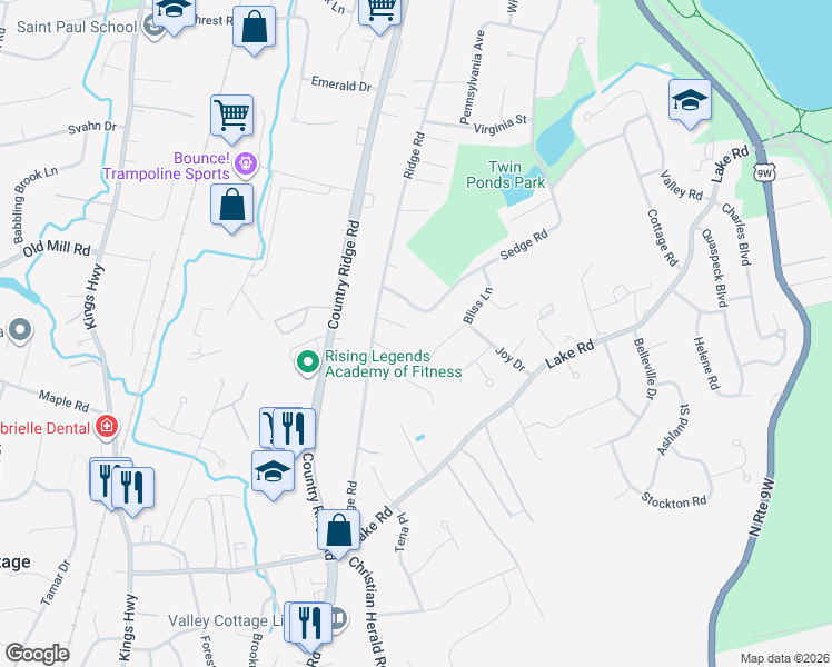 map of restaurants, bars, coffee shops, grocery stores, and more near 66 Sedge Road in Valley Cottage