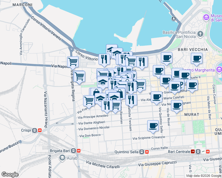 map of restaurants, bars, coffee shops, grocery stores, and more near 82 Via Ettore Fieramosca in Bari